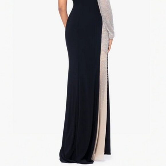 Xscape Black Nude Bead Detail Long Sleeve One Shoulder Gown - Picture 4 of 6